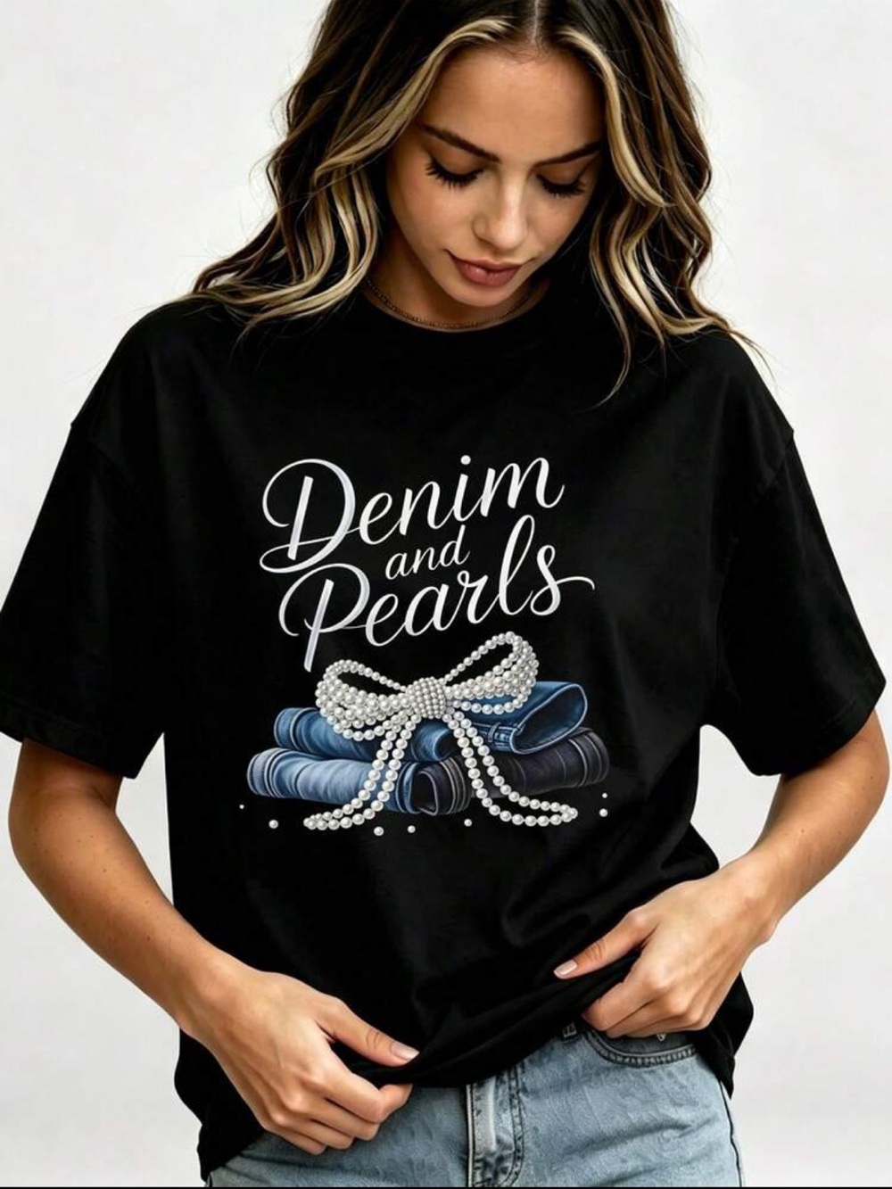 Denim and Pearls Black Graphic Tee by